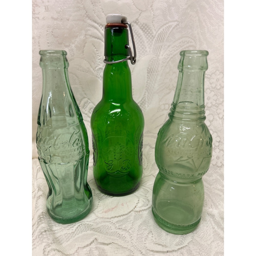 Vntg Green Glass Bottle Lot 1923 Christmas Coca-Cola‎ NuGrape Grolsch Swing Top